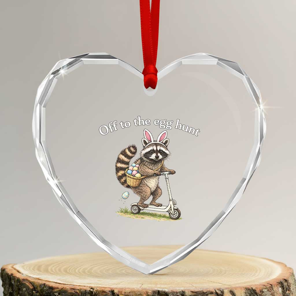 Off To The Egg Hunt Heart Crystal Glass Ornament Funny Easter Raccoon