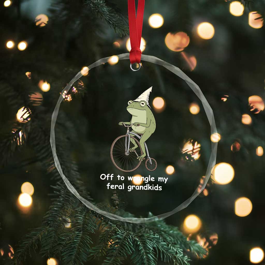 Off To Wrangle My Feral Grandkids Funny Grandparents Frog Crystal Glass Ornament
