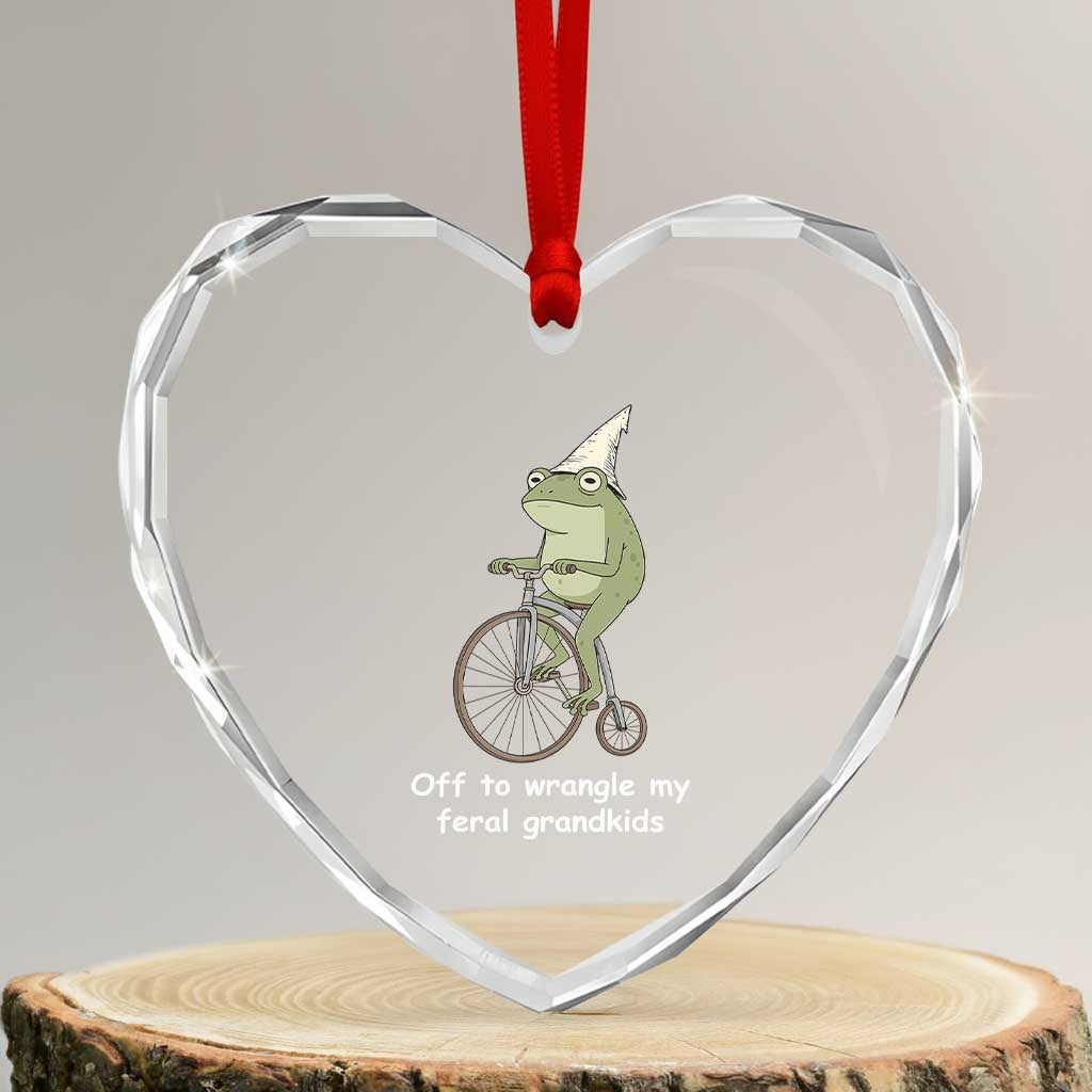 Off To Wrangle My Feral Grandkids Funny Grandparents Frog Heart Crystal Glass Ornament