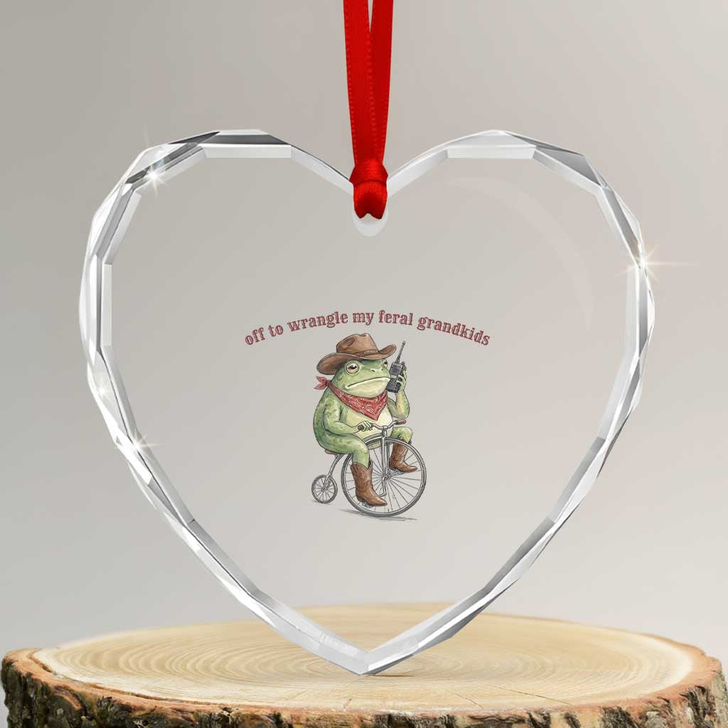 Off to Wrangle My Feral Grandkids Heart Crystal Glass Ornament Funny Cowboy Frog Grandpa Western Meme