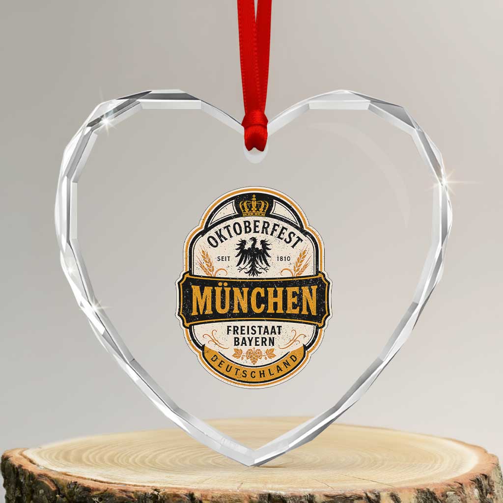 Oktoberfest Munchen Deutschland German Beer Festival Heart Crystal Glass Ornament Freistaat Bayern Heraldic Eagle