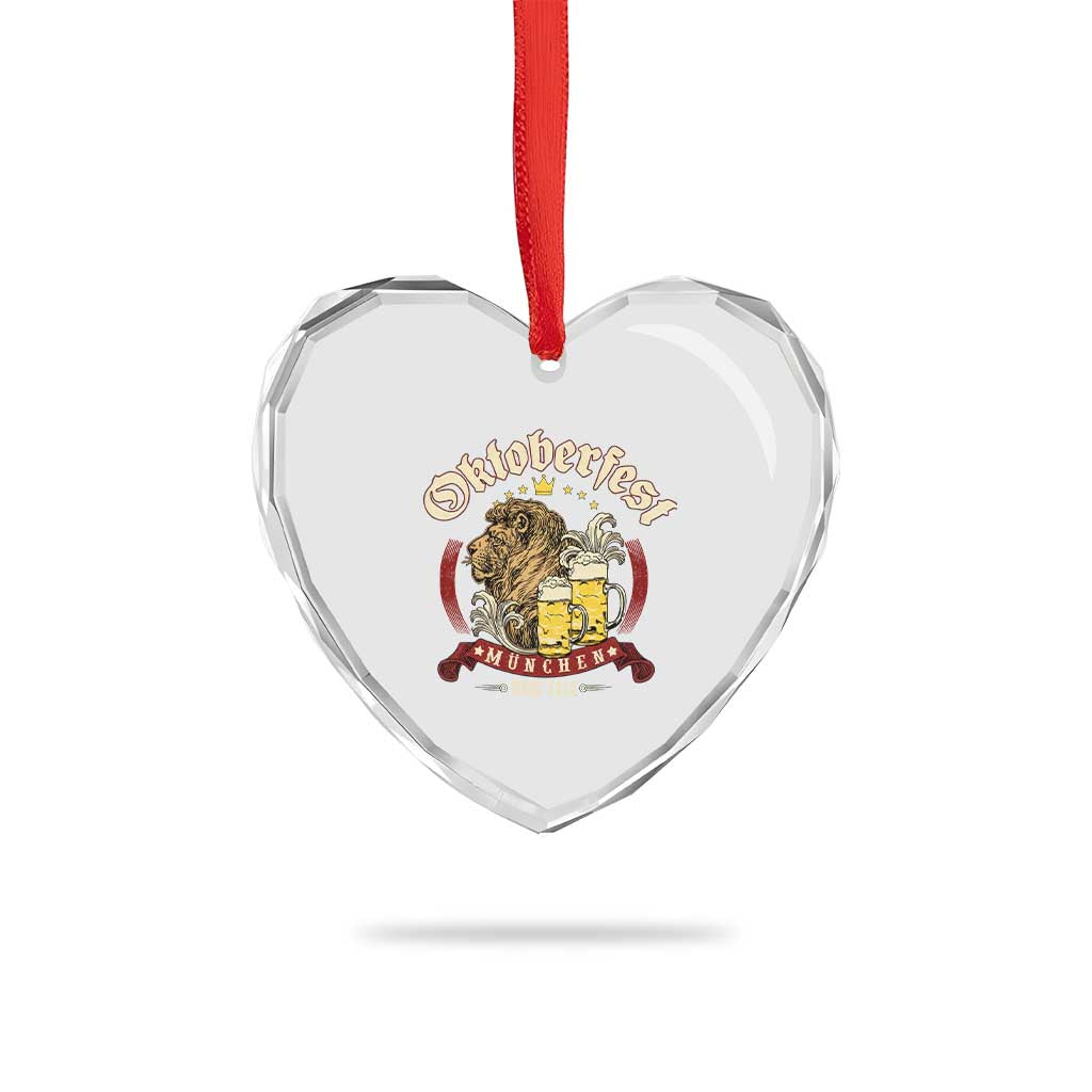 Oktoberfest Munchen Heart Crystal Glass Ornament Munich Since 1810 Bavarian Lion and Beer - Wonder Print Shop