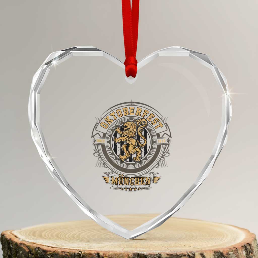 Oktoberfest Munchen Heart Crystal Glass Ornament Munich Vintage Round Emblem with Bavarian Lion - Wonder Print Shop