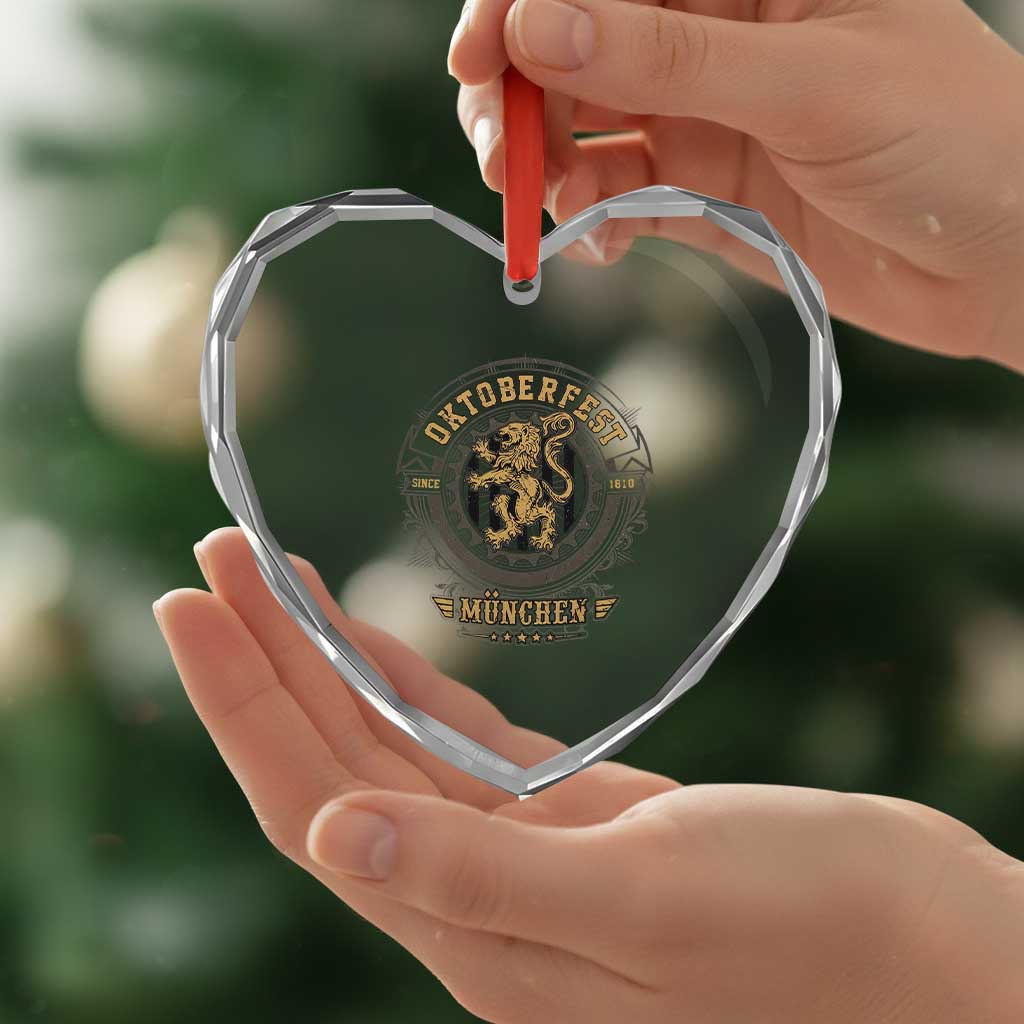 Oktoberfest Munchen Heart Crystal Glass Ornament Munich Vintage Round Emblem with Bavarian Lion - Wonder Print Shop