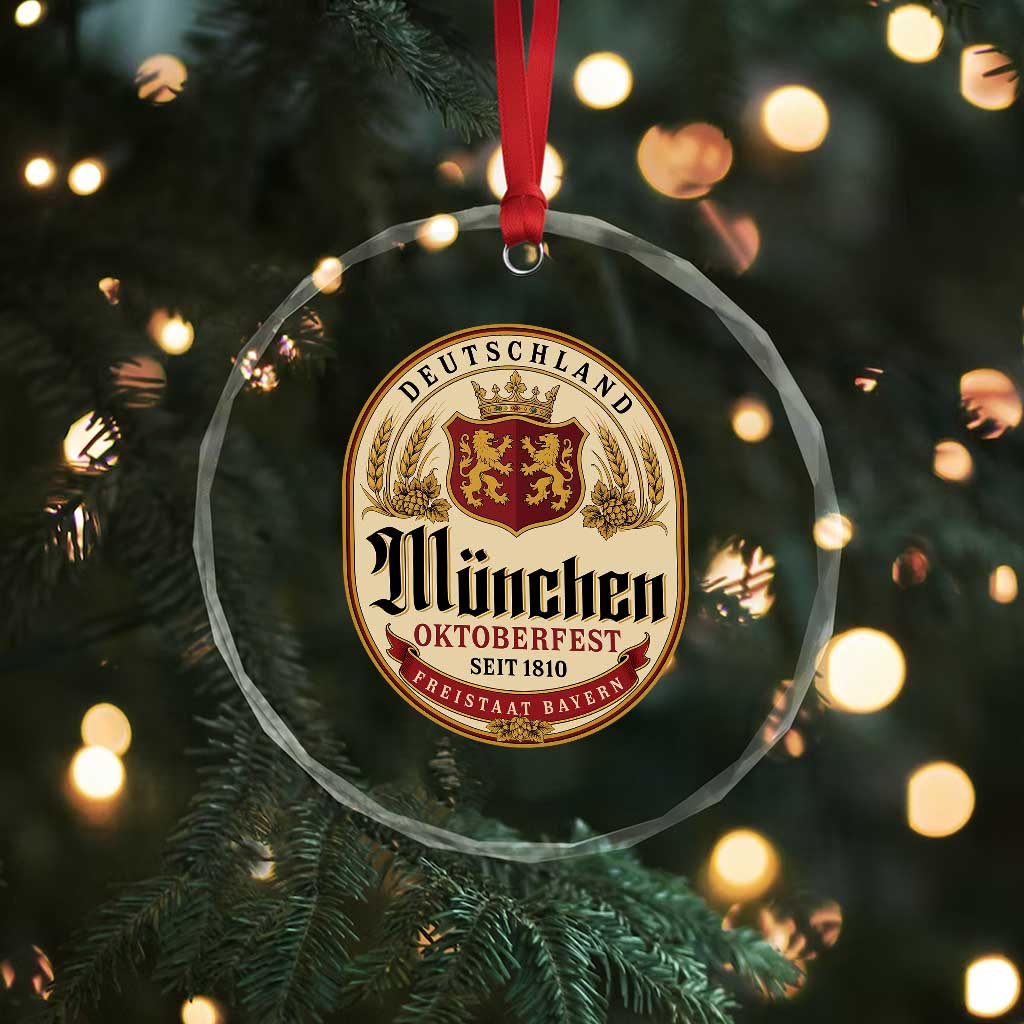 Oktoberfest Munchen Seit 1810 Crystal Glass Ornament Deutschland German Beer Label Bavarian Lion Shield
