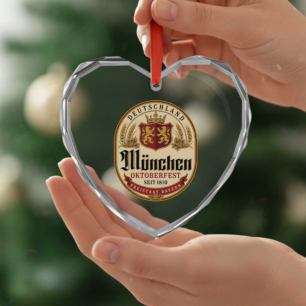 Oktoberfest Munchen Seit 1810 Heart Crystal Glass Ornament Deutschland German Beer Label Bavarian Lion Shield
