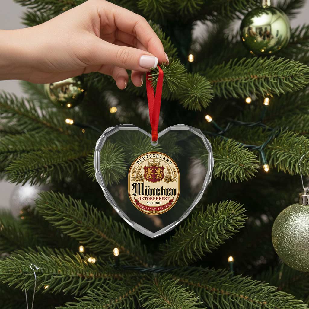 Oktoberfest Munchen Seit 1810 Heart Crystal Glass Ornament Deutschland German Beer Label Bavarian Lion Shield