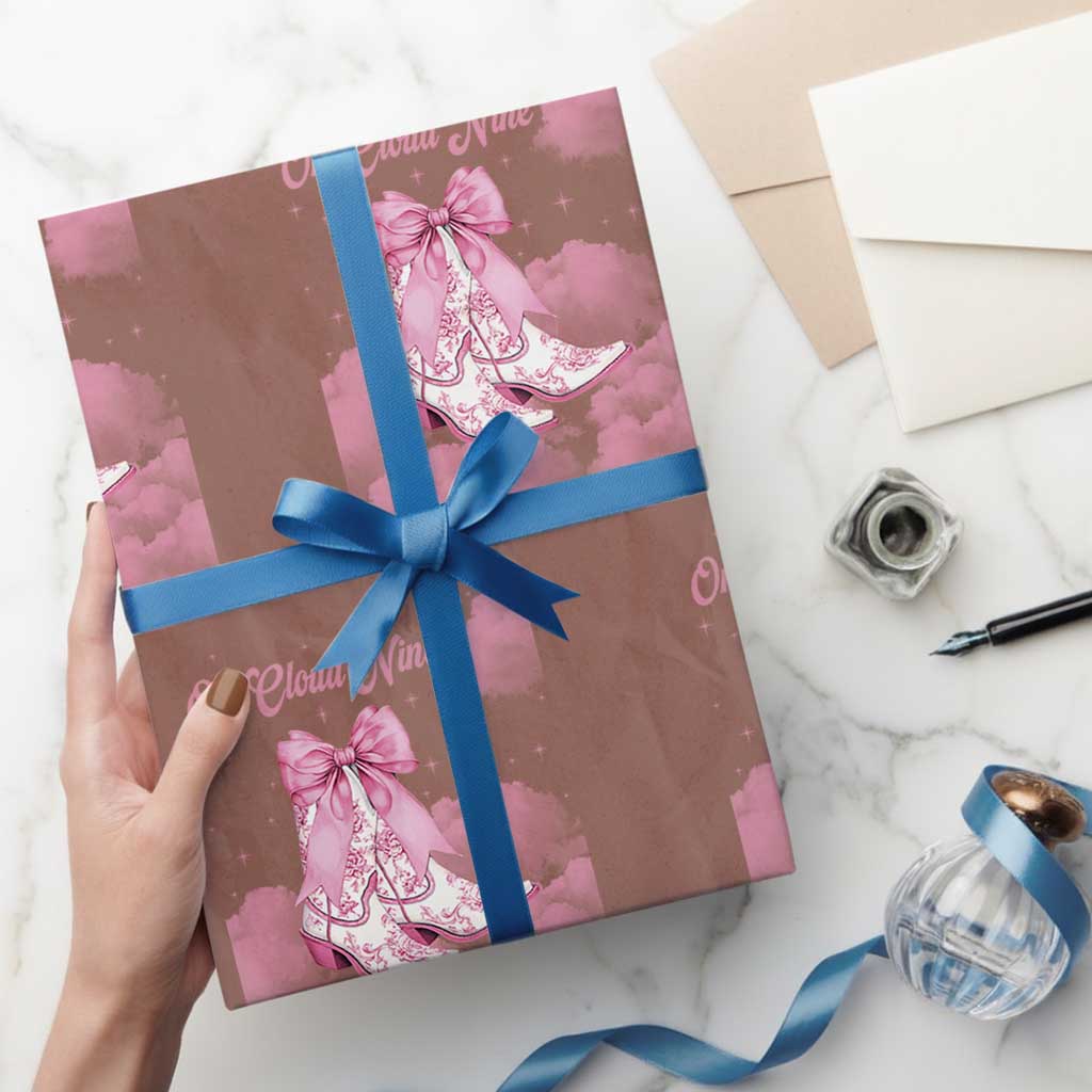On Cloud Nine Wrapping Paper Roll 9th Birthday Bday Girl Pink Coquette Cowgirl Boots