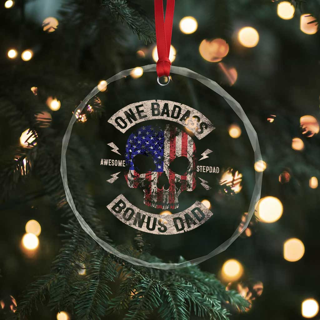 One Badass Bonus Dad Crystal Glass Ornament Vintage Step Dad American Flag Fathers Day - Wonder Print Shop