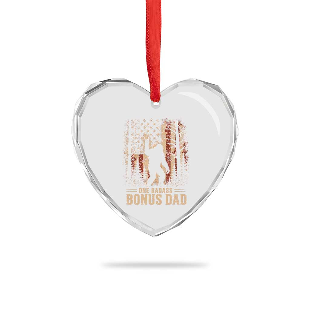 One Badass Bonus Dad Heart Crystal Glass Ornament Vintage Bigfoot Stepdad American Flag
