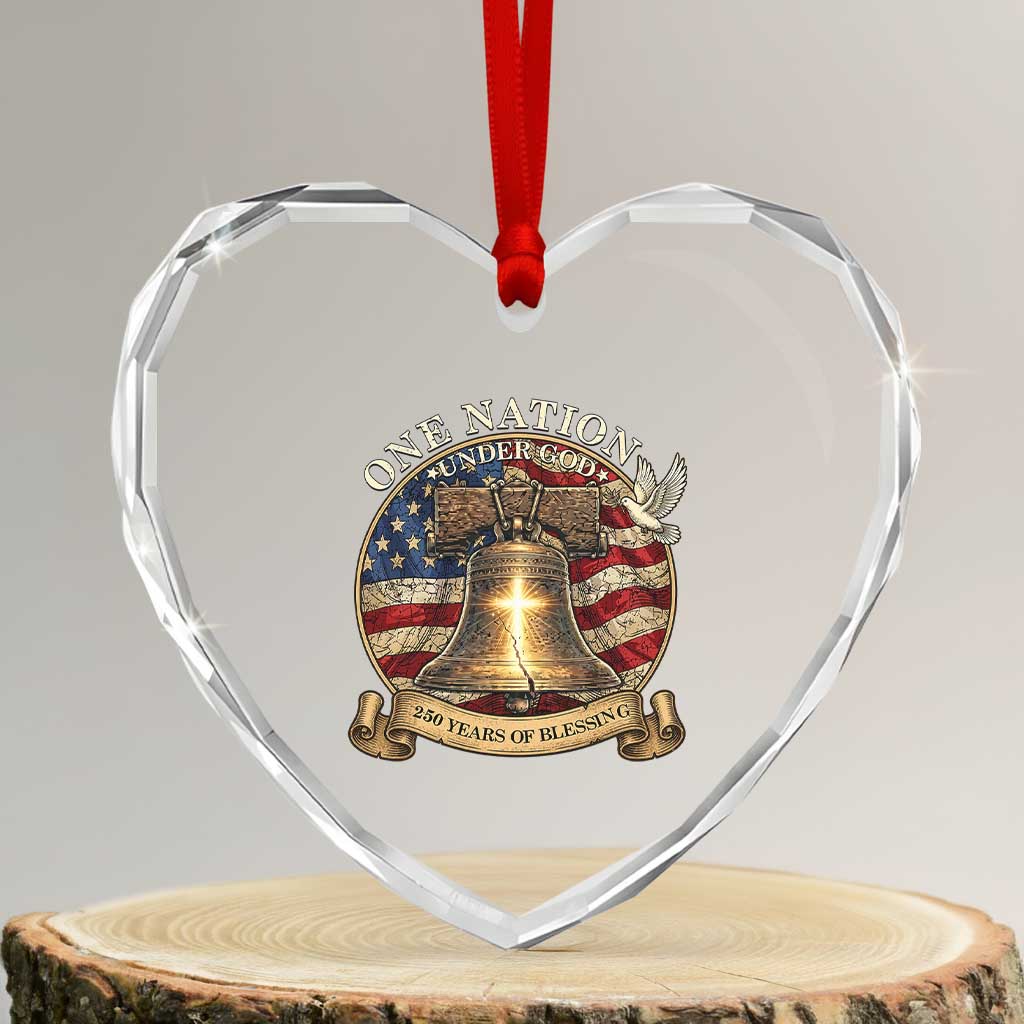 One Nation Under God 250 Years Of Blessing Heart Crystal Glass Ornament Christian Cross Bald Eagle 4th of July