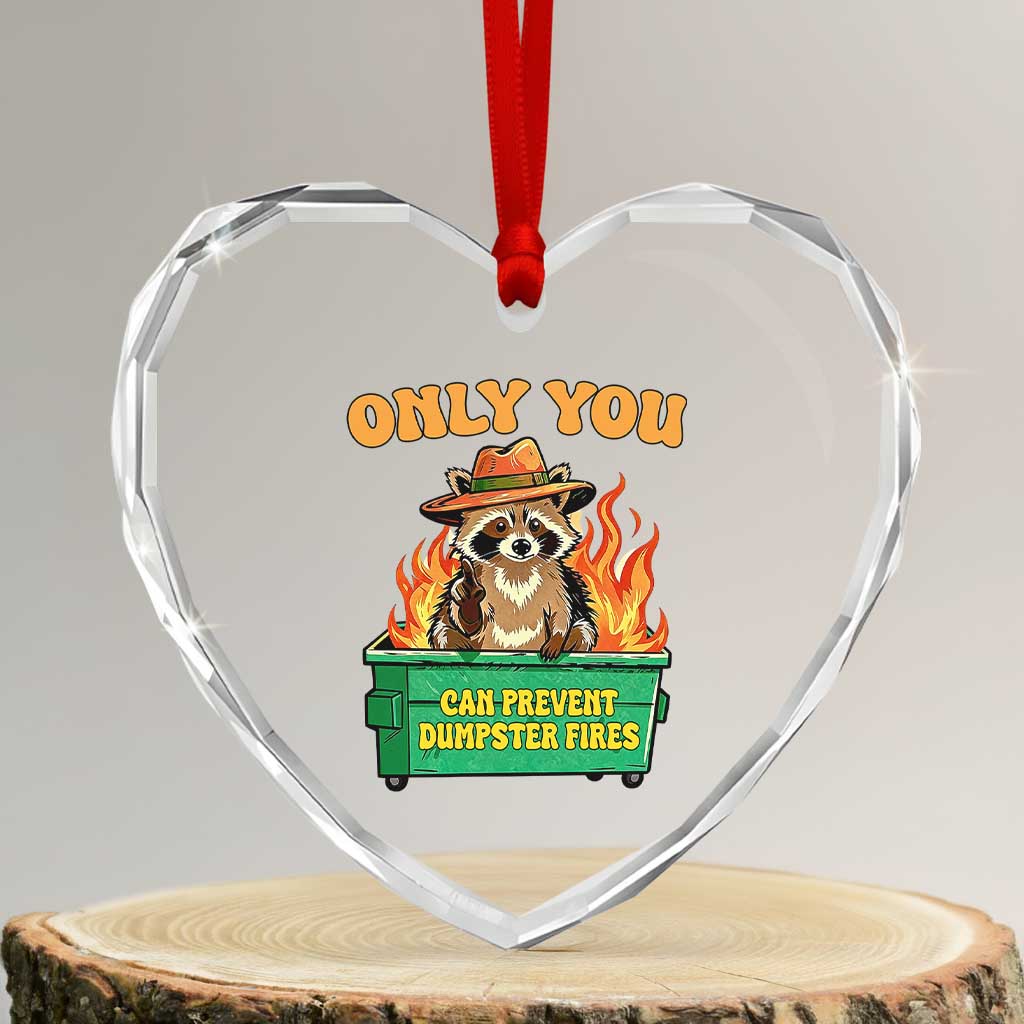 Only You Can Prevent Dumpster Fires Funny Raccoon Heart Crystal Glass Ornament Sarcastic Chaos Humor Holiday Gag Gift - Wonder Print Shop
