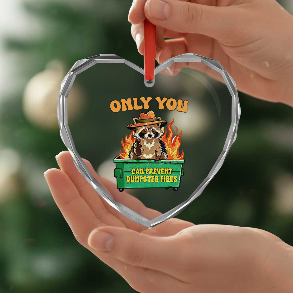 Only You Can Prevent Dumpster Fires Funny Raccoon Heart Crystal Glass Ornament Sarcastic Chaos Humor Holiday Gag Gift - Wonder Print Shop