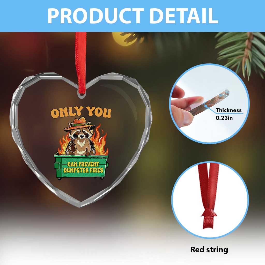 Only You Can Prevent Dumpster Fires Funny Raccoon Heart Crystal Glass Ornament Sarcastic Chaos Humor Holiday Gag Gift - Wonder Print Shop