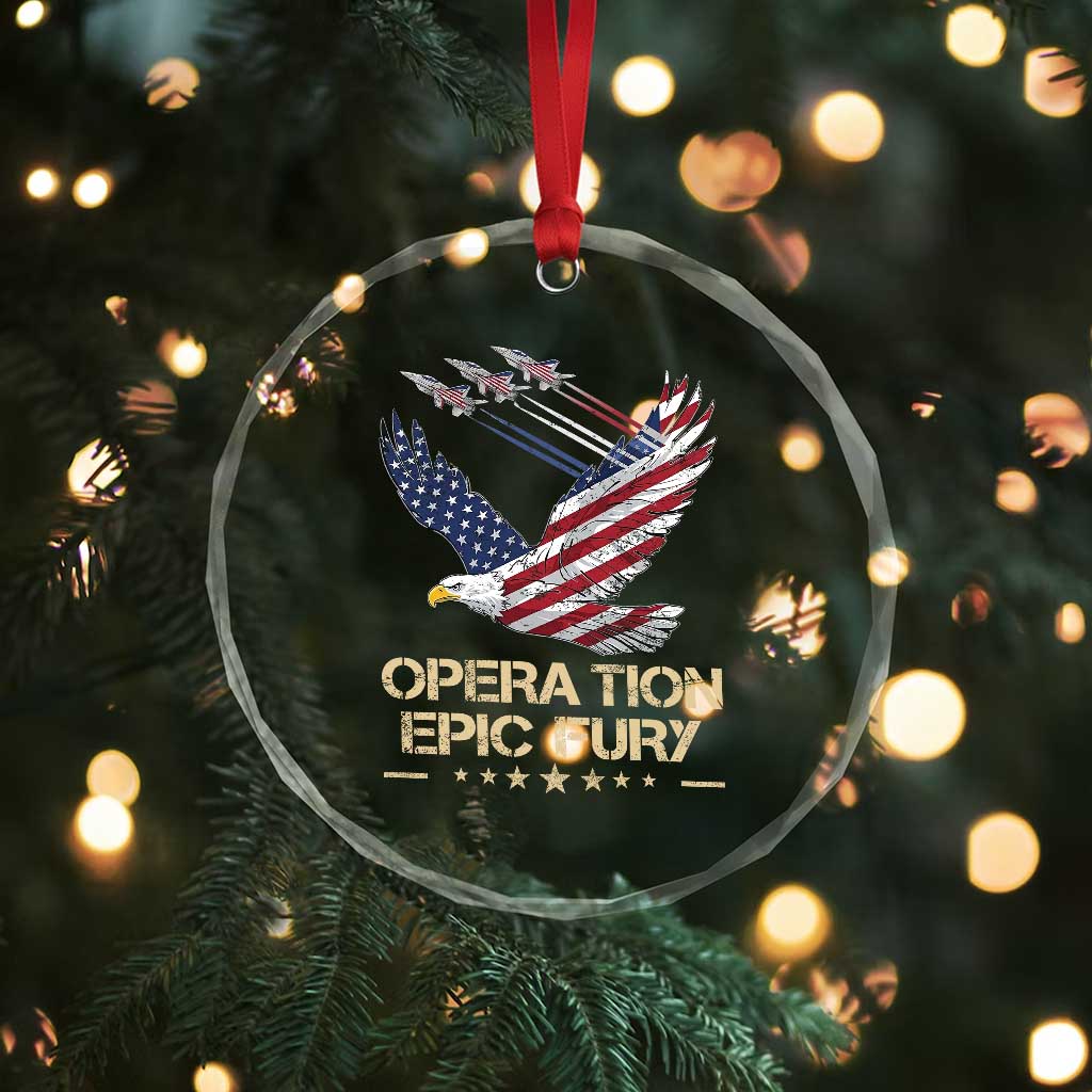 Operation Epic Fury American Eagle Flag Crystal Glass Ornament Jet Flyover USA Freedom