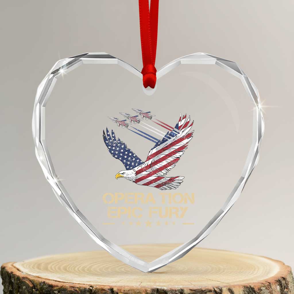 Operation Epic Fury American Eagle Flag Heart Crystal Glass Ornament Jet Flyover USA Freedom