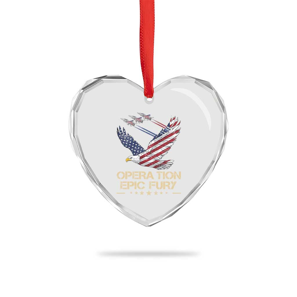 Operation Epic Fury American Eagle Flag Heart Crystal Glass Ornament Jet Flyover USA Freedom
