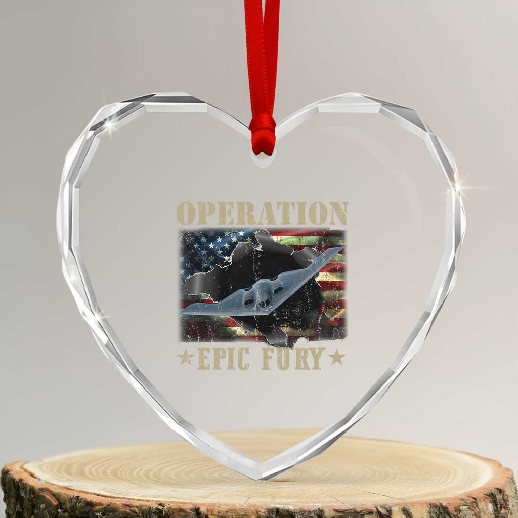 Operation Epic Fury Heart Crystal Glass Ornament Military Bomber Jet American Flag