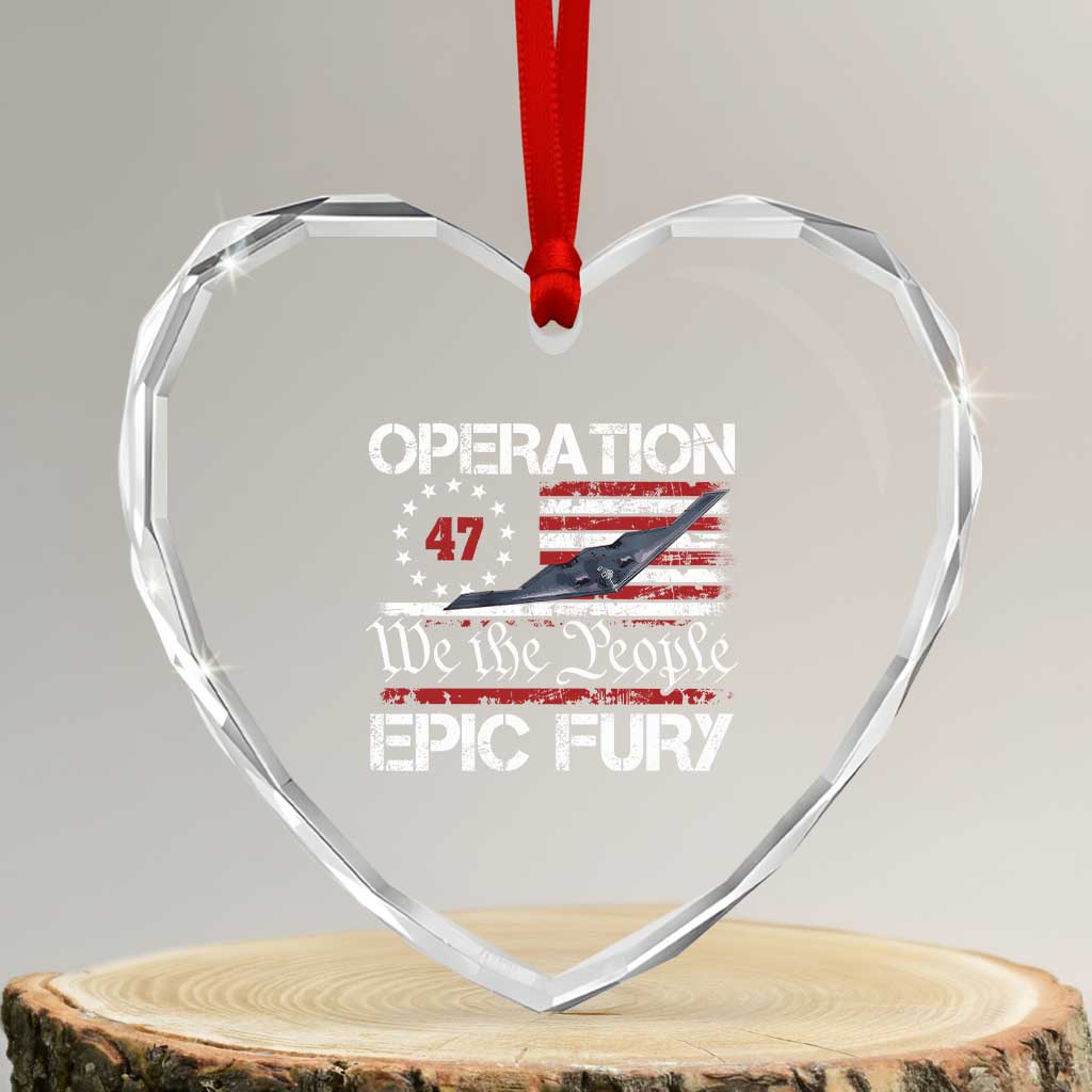 Operation Epic Fury Heart Crystal Glass Ornament Military Bomber Stealth Jet Vintage American Flag