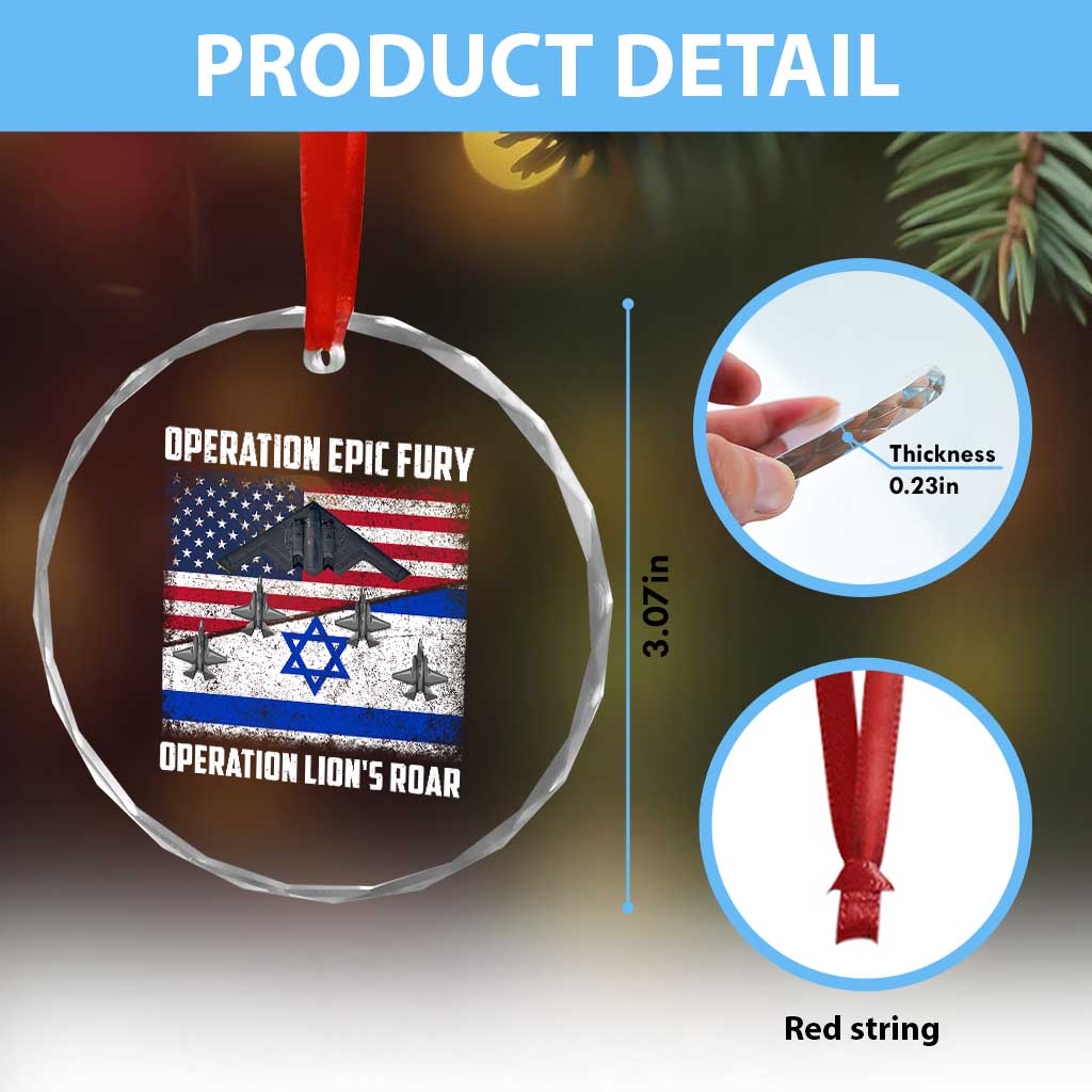 Operation Epic Fury Lions Roar Crystal Glass Ornament USA Israel Flag Freedom Defense