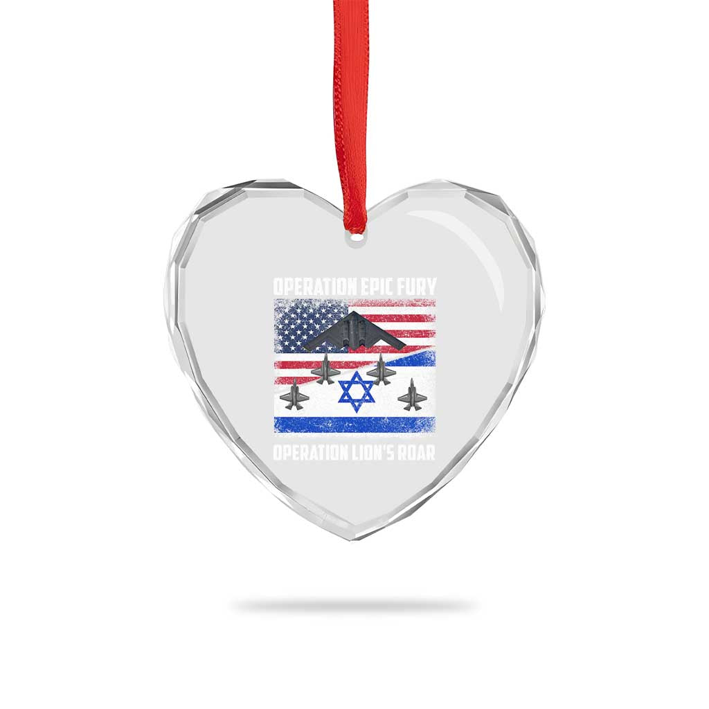Operation Epic Fury Lions Roar Heart Crystal Glass Ornament USA Israel Flag Freedom Defense