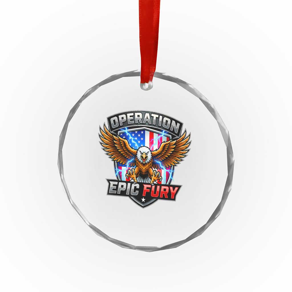 Operation Epic Fury Patriotic Bald Eagle Crystal Glass Ornament American Flag Shield Graphic Freedom Pride