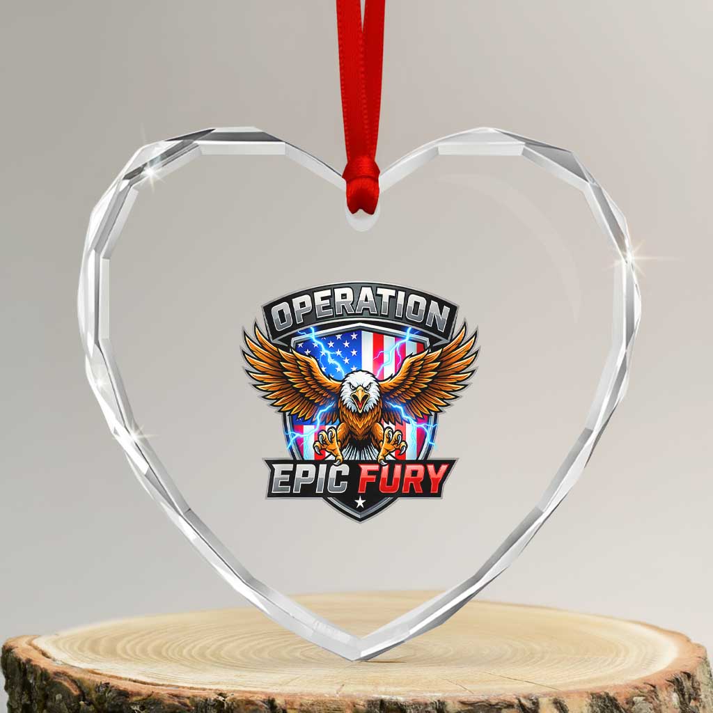 Operation Epic Fury Patriotic Bald Eagle Heart Crystal Glass Ornament American Flag Shield Graphic Freedom Pride