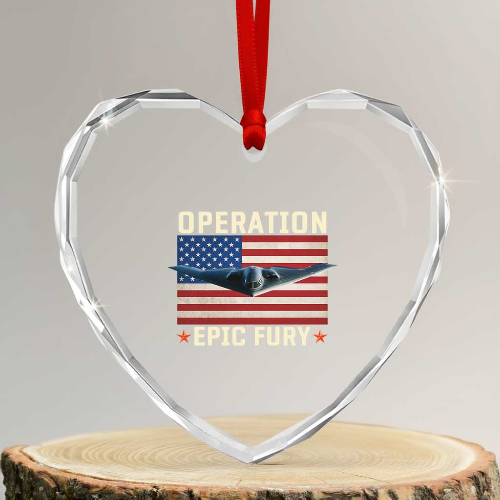 Operation Epic Fury Stealth Bomber American Flag Heart Crystal Glass Ornament Powerful B2 Spirit USA Military Pride