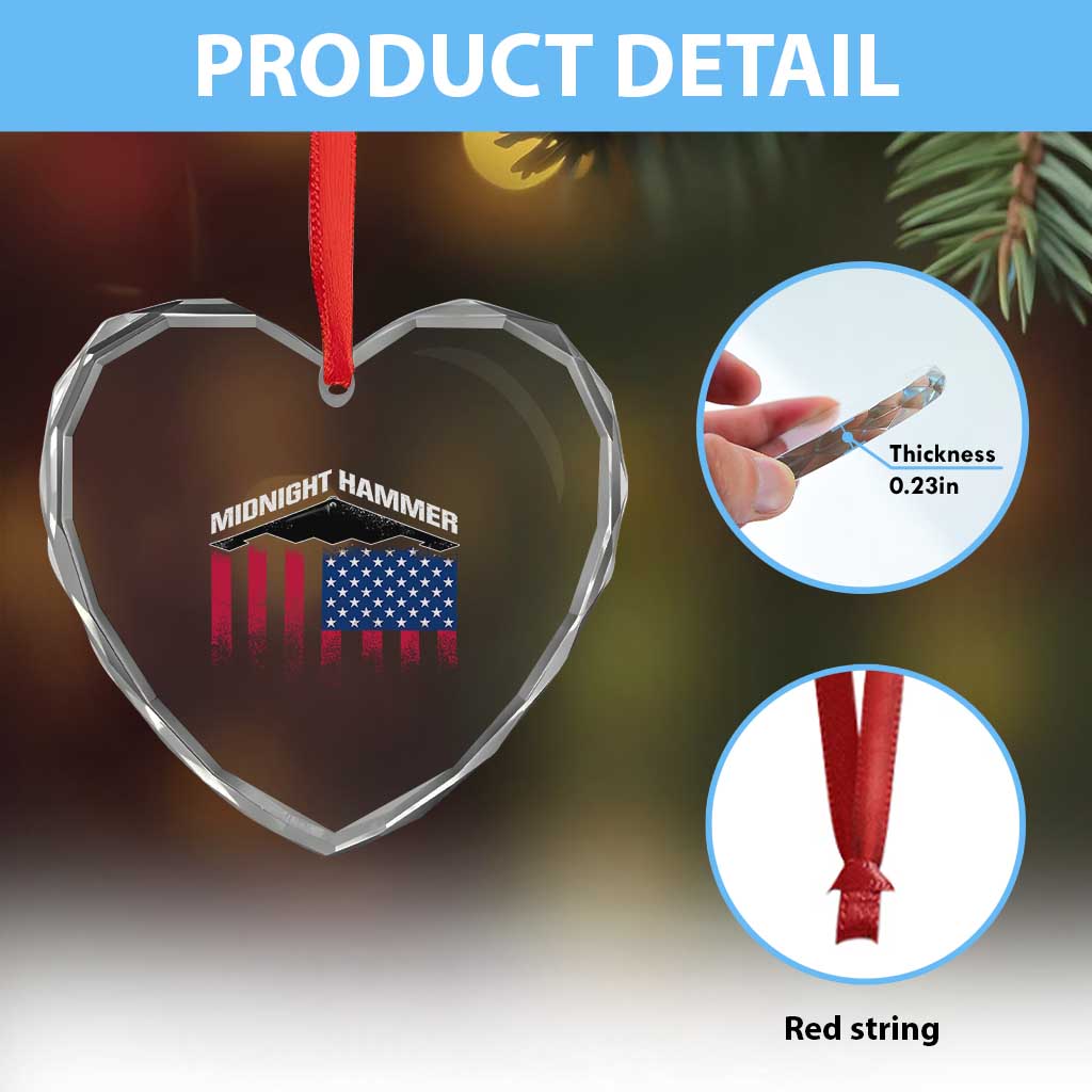 Operation Midnight Hammer Heart Crystal Glass Ornament Tactical Warfare Jets Bombers Military American Flag