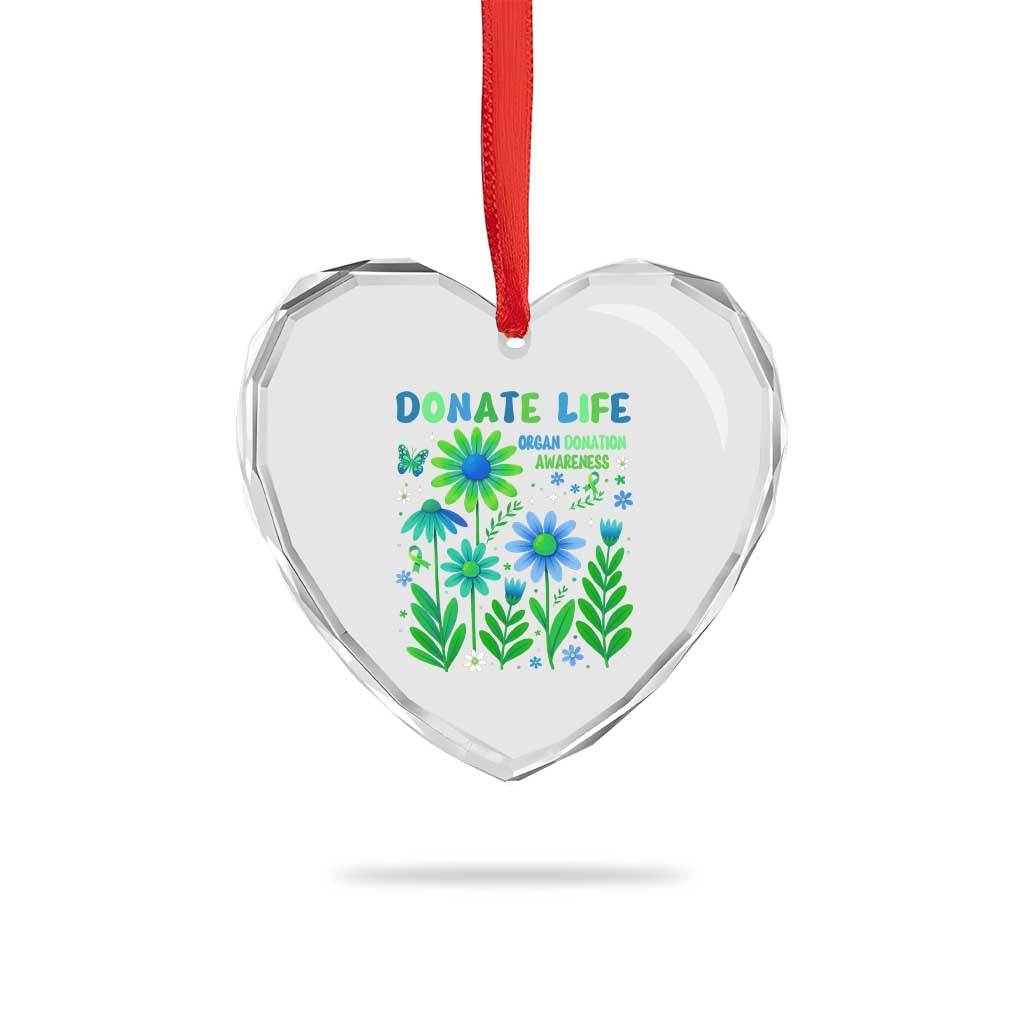 Organ Donation Awareness Heart Crystal Glass Ornament Green Ribbon Donate Life Floral