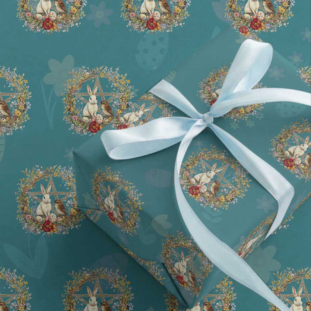 Ostara Blessing Pagan Eostre Easter Day Wrapping Paper Roll Rabbit Bird Wiccan Pentagram
