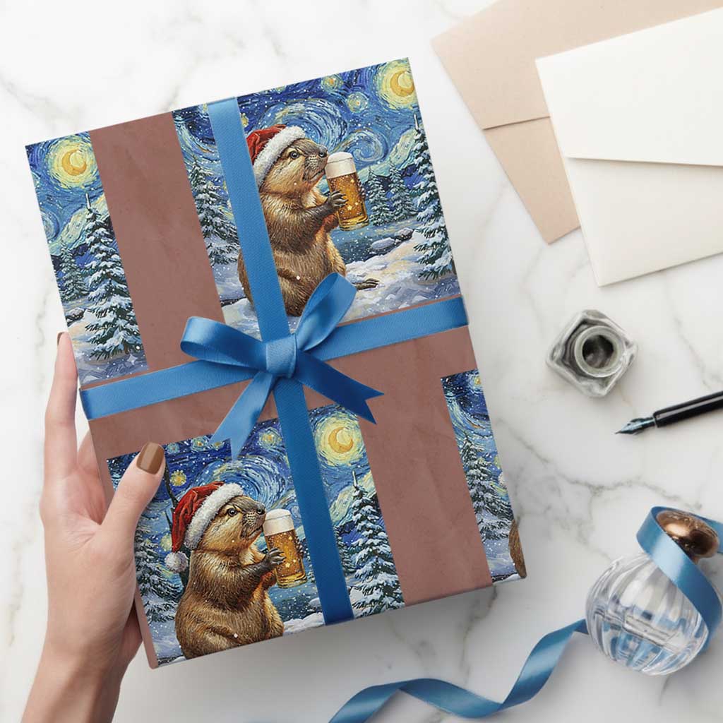 Otter Beer Xmas Wrapping Paper Roll Starry Night Van Gogh - Wonder Print Shop