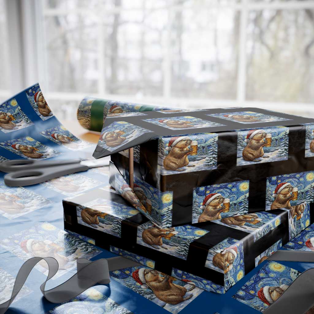 Otter Beer Xmas Wrapping Paper Roll Starry Night Van Gogh - Wonder Print Shop