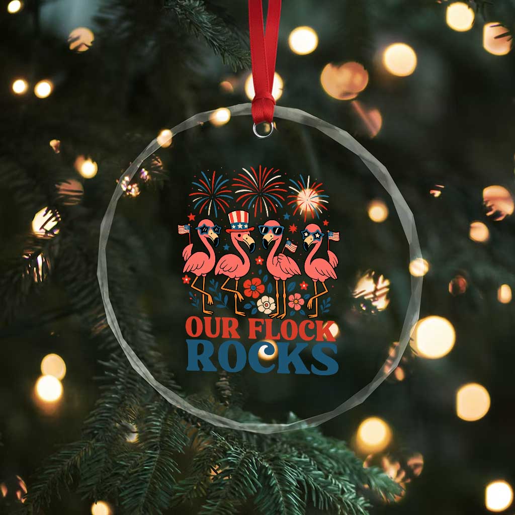 Our Flock Rocks Patriotic Flamingo Crystal Glass Ornament Funny 4th of July Family Matching TS02