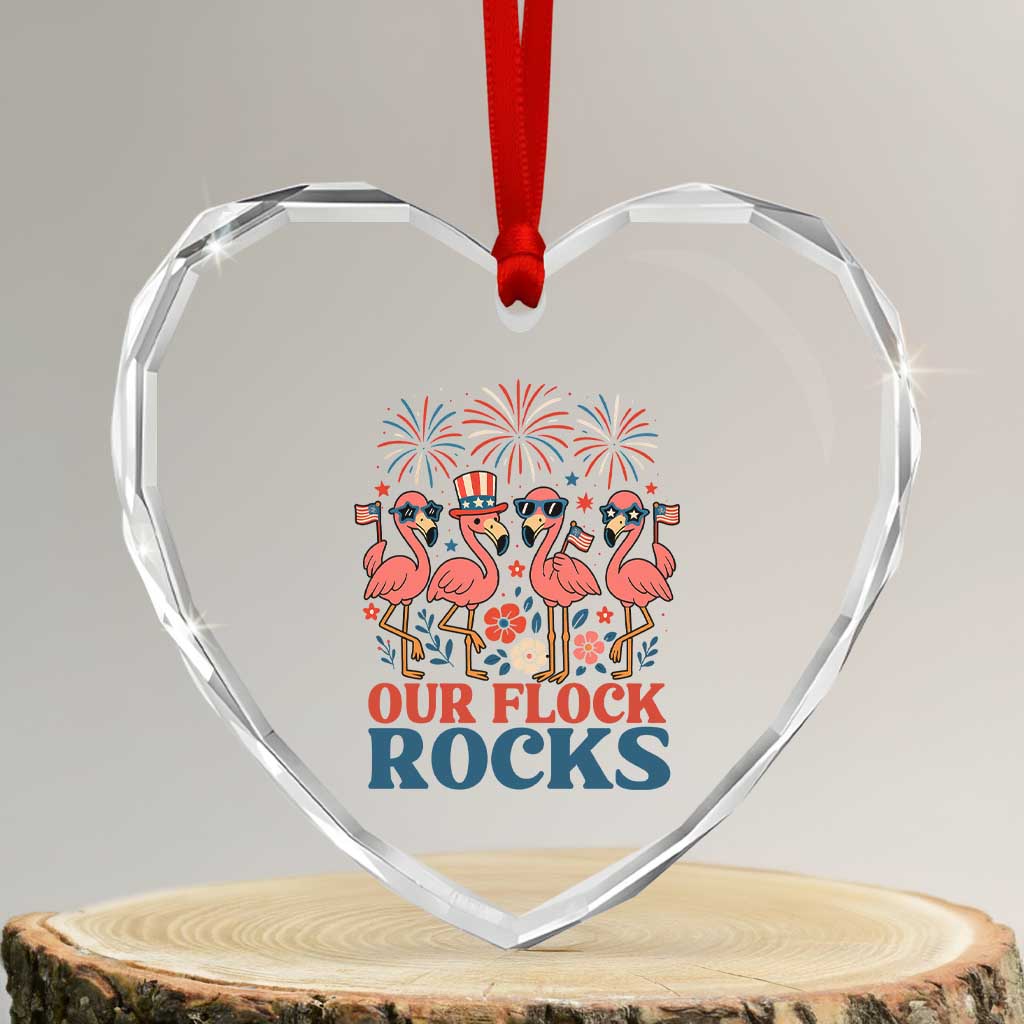 Our Flock Rocks Patriotic Flamingo Heart Crystal Glass Ornament Funny 4th of July Family Matching - Wonder Print Shop