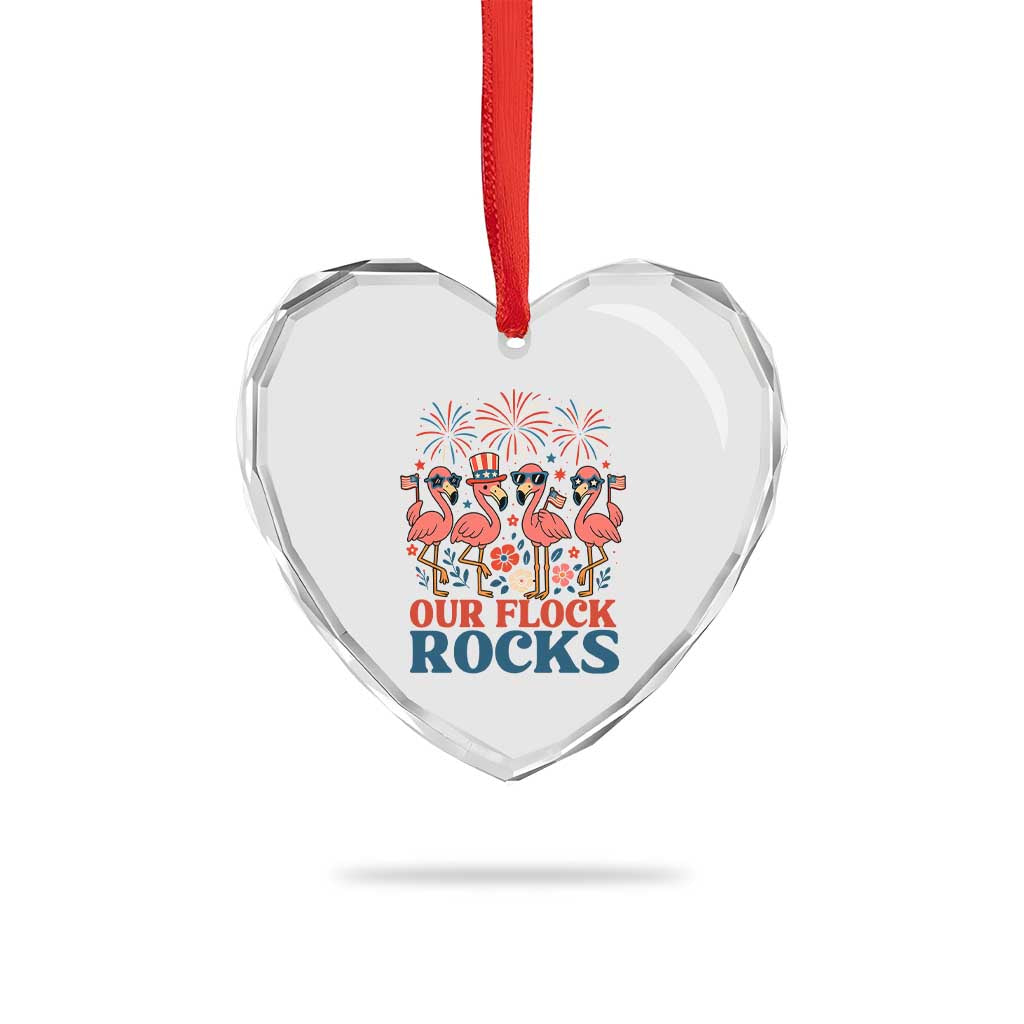 Our Flock Rocks Patriotic Flamingo Heart Crystal Glass Ornament Funny 4th of July Family Matching - Wonder Print Shop