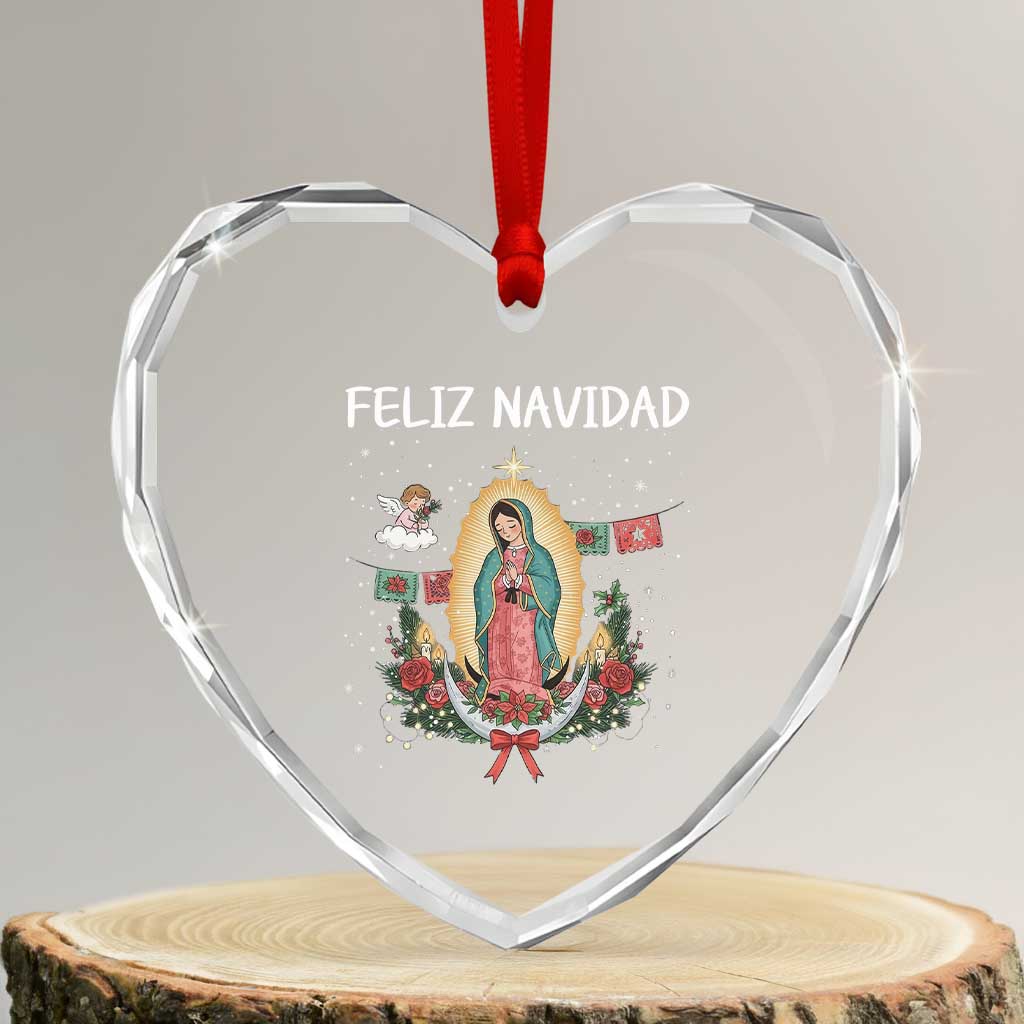Our Lady of Guadalupe Christmas Heart Crystal Glass Ornament Feliz Navidad - Wonder Print Shop