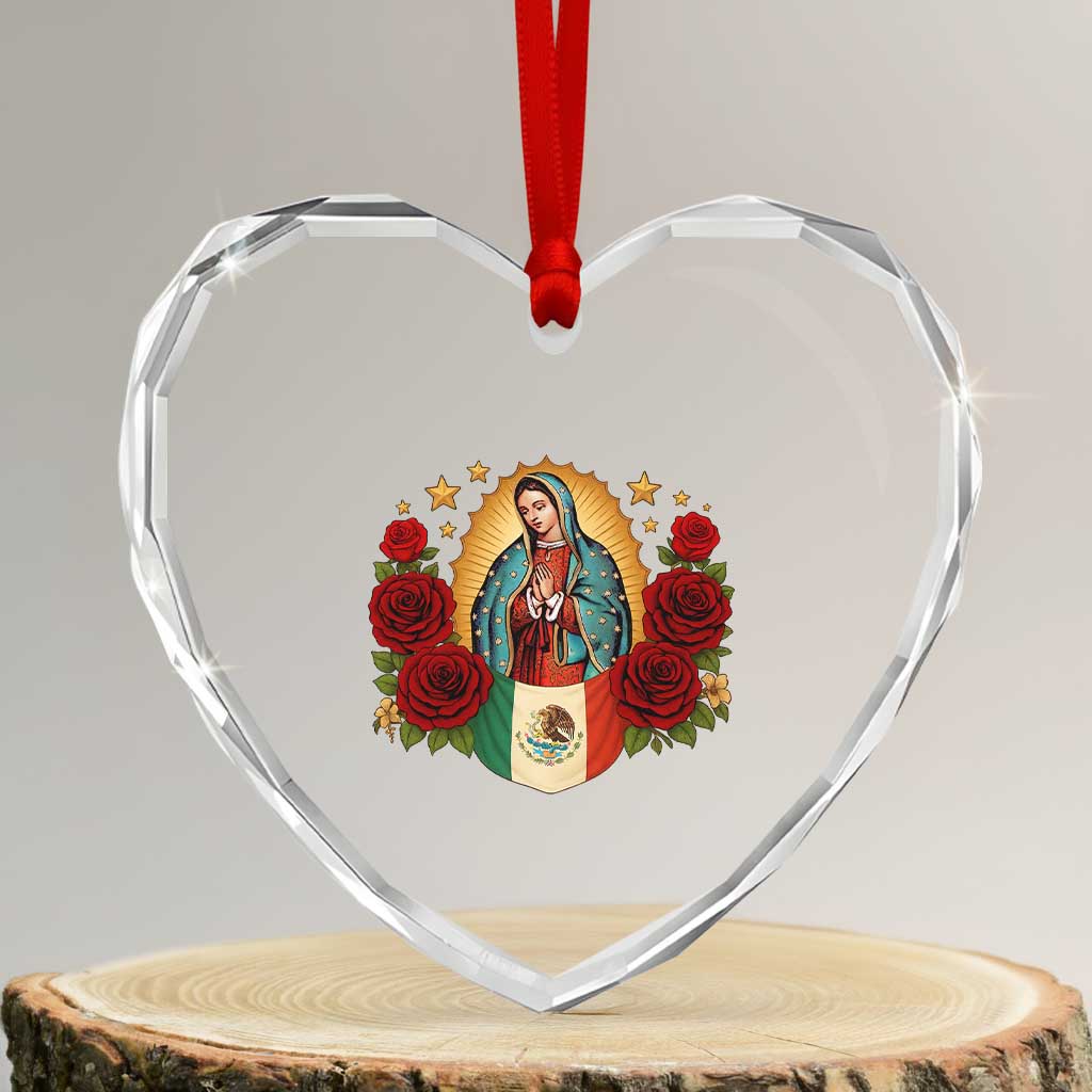Our Lady of Guadalupe Mexican Flag Heart Crystal Glass Ornament - Wonder Print Shop
