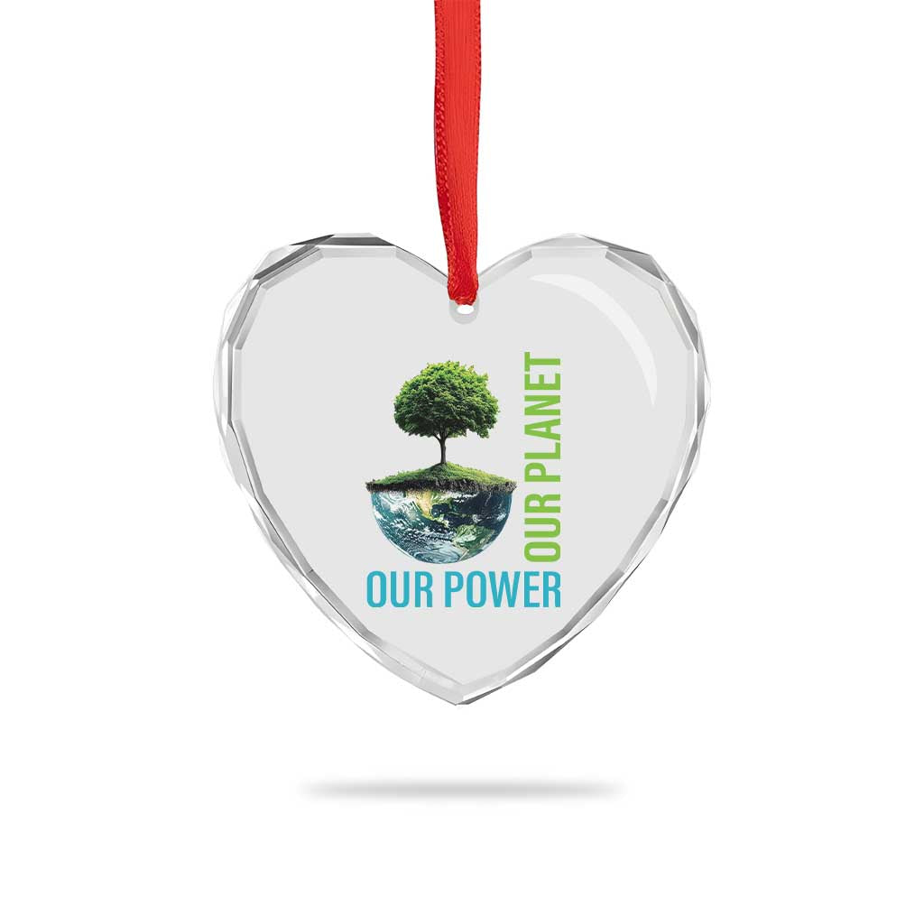 Our Power Our Planet Heart Crystal Glass Ornament Earth Day 2025 - Wonder Print Shop