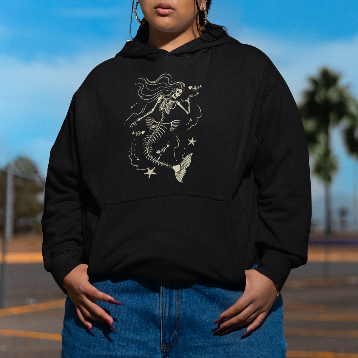 Halloween Mermaid Hoodie Mermaid Skeleton Spooky Season In Ocean - Wonder Print Shop