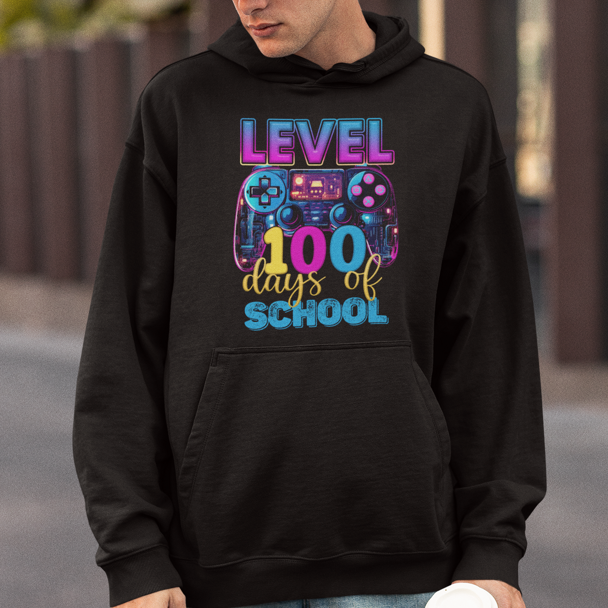 100 Days of School Gamer Hoodie Level 100 Unlocked Neon Game Controller - Wonder Print Shop