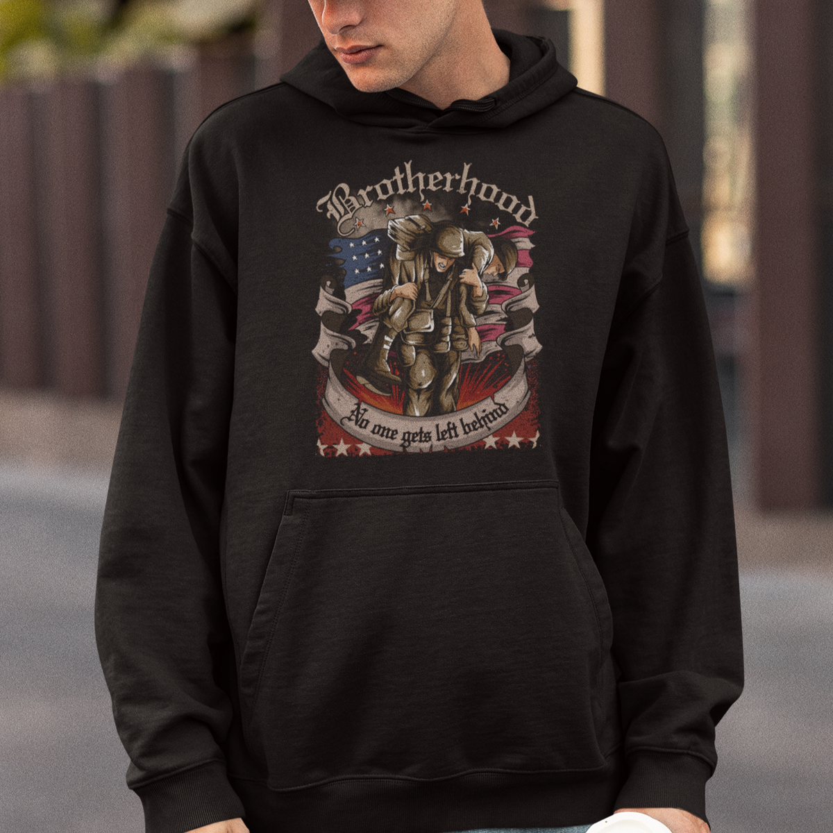 American Patriotic Hoodie Brotherhood No One Gets Left Behind US Flag Soldiers - Wonder Print Shop