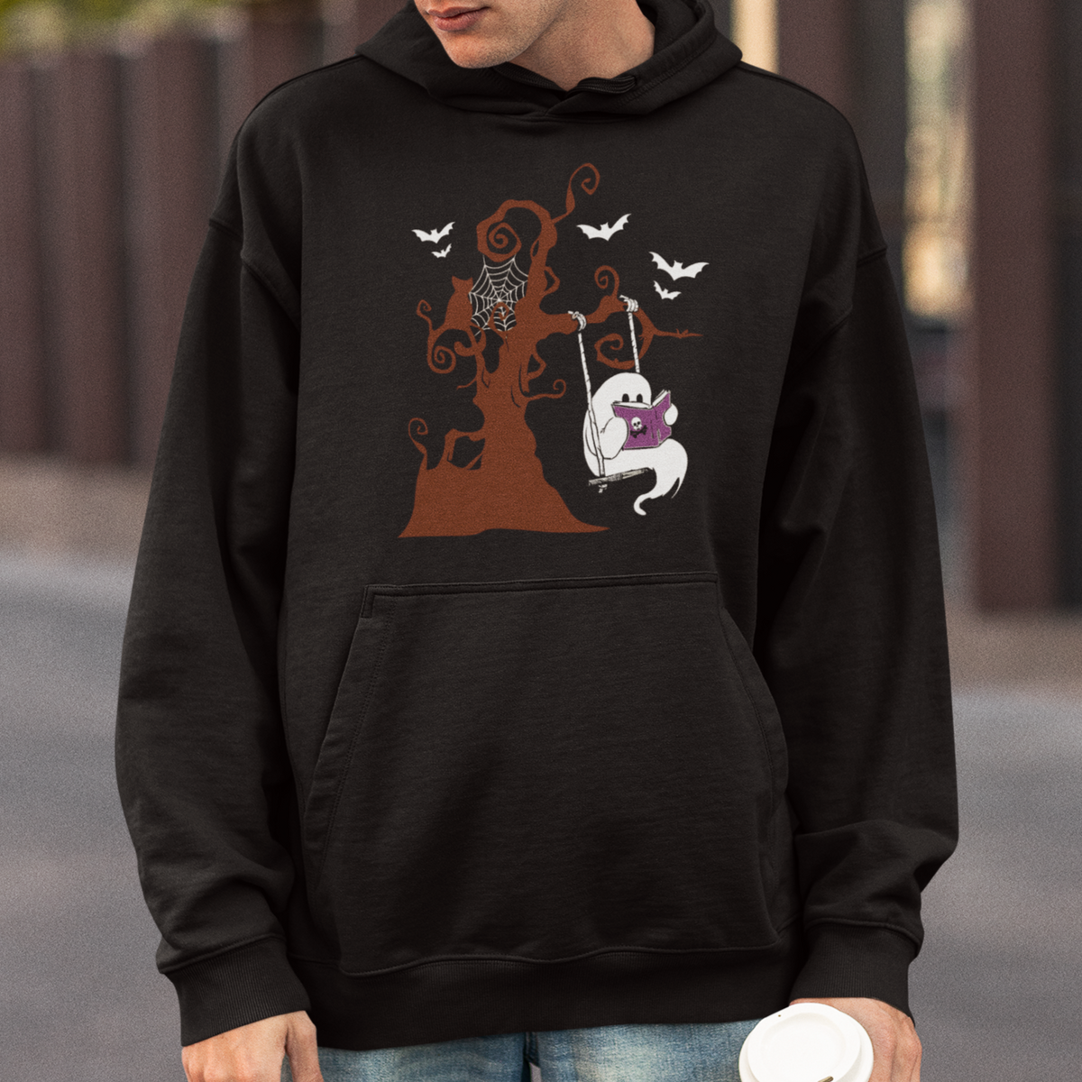 Halloween Bookaholic Hoodie Cute Ghost Swing Reading Book - Wonder Print Shop