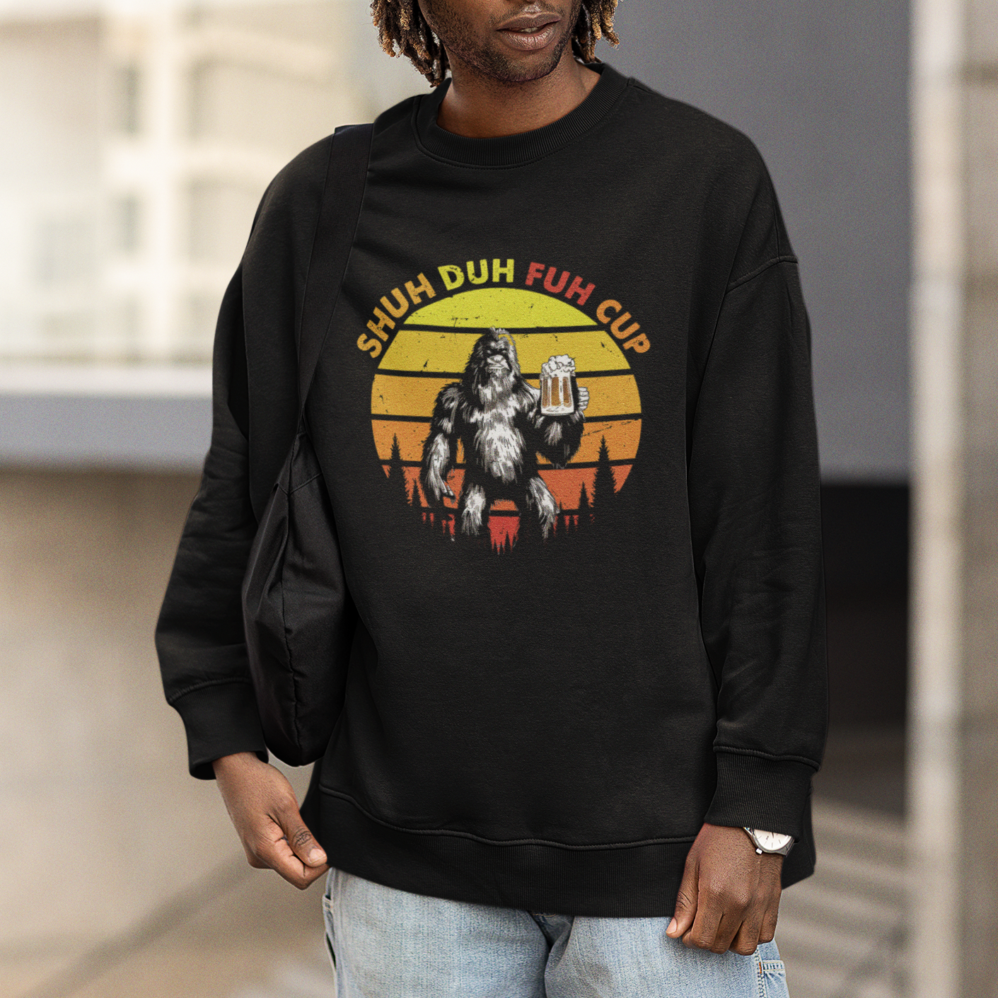 Funny Camping Sweatshirt Shuh Duh Fuh Cup Retro Funny Bigfoot Drinking Beer Camping - Wonder Print Shop