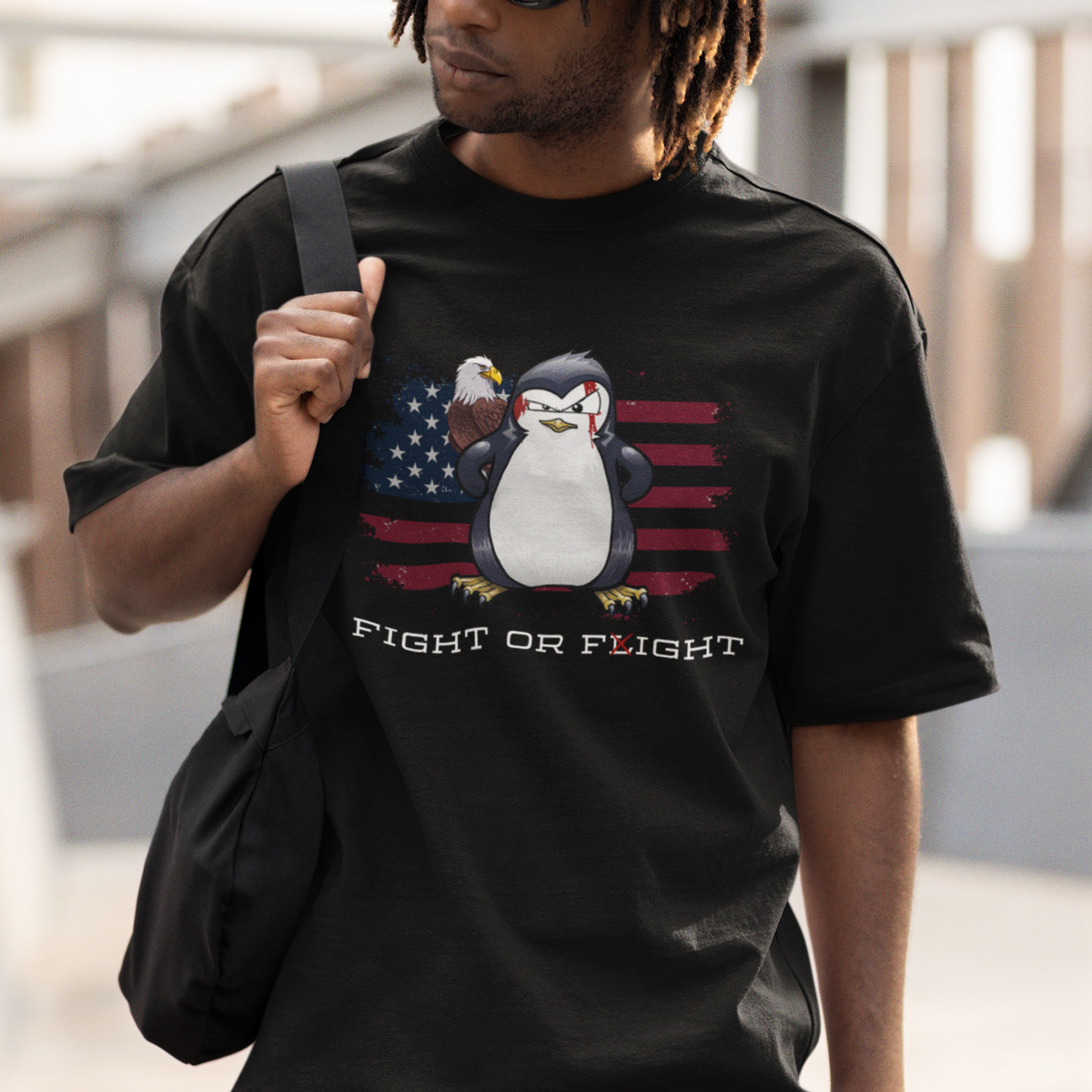 Fight or Flight Meme Cool Penguin Pun Patriotic US Flag T Shirt - Wonder Print Shop