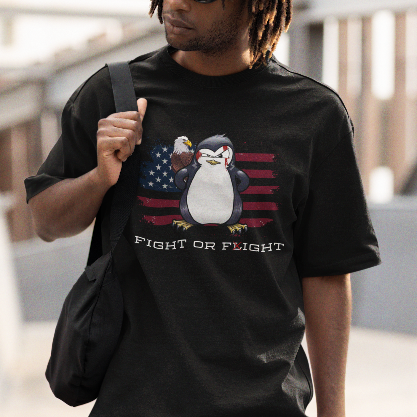 Fight or Flight Meme Cool Penguin Pun Patriotic US Flag T Shirt - Wonder Print Shop