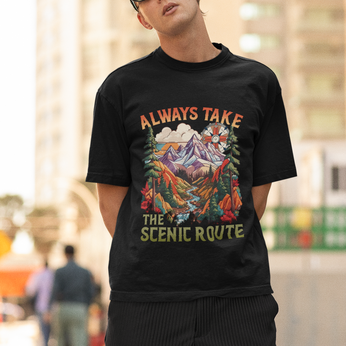 Outdoor Adventure T Shirt Always Take The Scenic Route Compass Hiking Camping - Wonder Print Shop