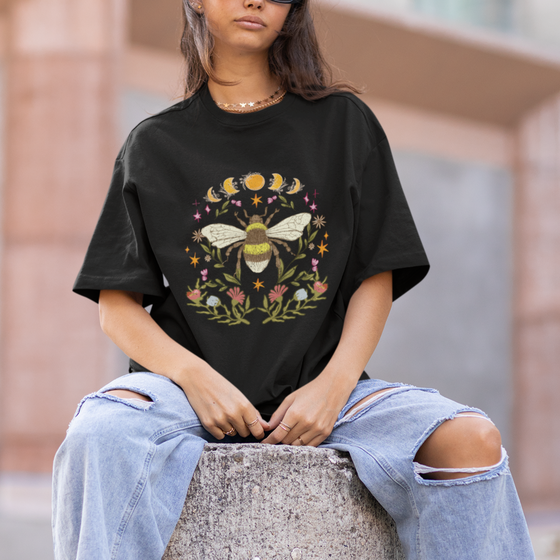 Retro Celestial Mystical Moon Phases Bumble Bee Botanical T-shirt for Women, Bee Gifts for Insect Lover, Bug Lover, Spiritual T Shirt For Women - Wonder Print Shop
