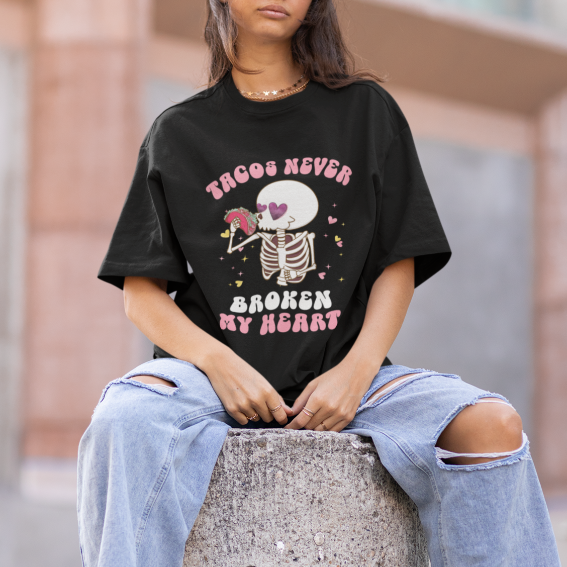 Anti Valentine's Day T Shirt Tacos Never Broke My Heart Skeleton Cinco De Mayo Party - Wonder Print Shop