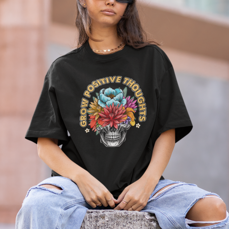 Mental Health Matters T Shirt Grow Positive Thoughts Mental Health Awareness Groovy Retro Floral Skull With Flowers - Wonder Print Shop